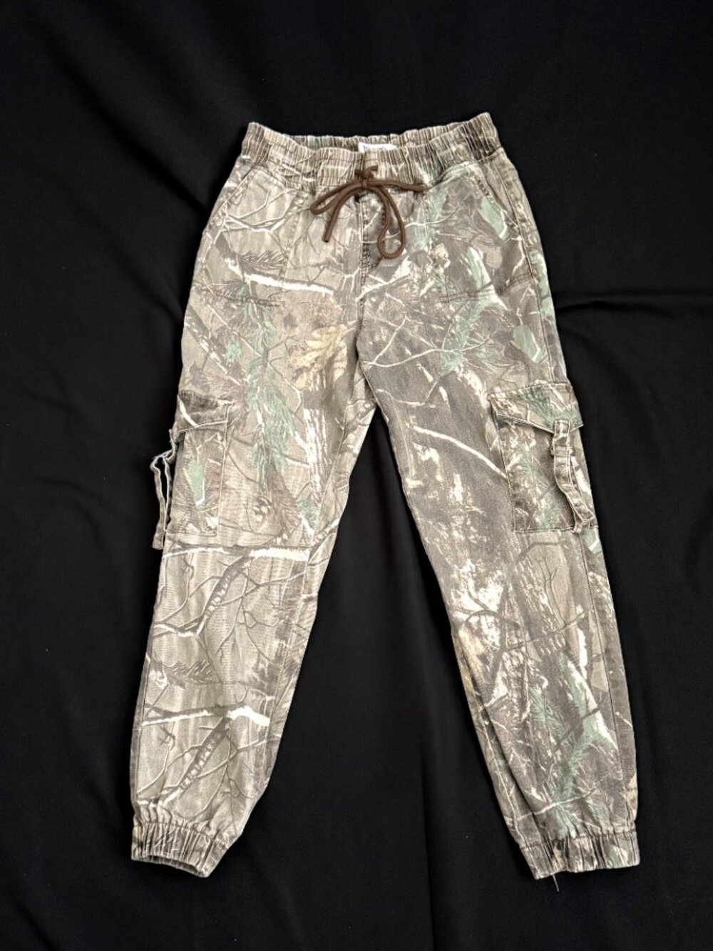 Telepatia Womens Denim Cargo Jogger Pants 7/28 Camo Stretch Drawstring - Picture 2 of 10